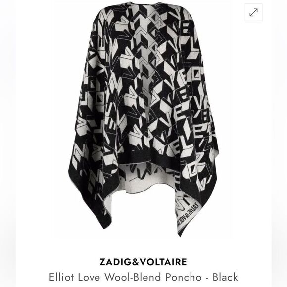 ZADIG & VOLTAIRE Elliot Love Wool-Blend Poncho - Black White LOGO - Picture 7 of 13